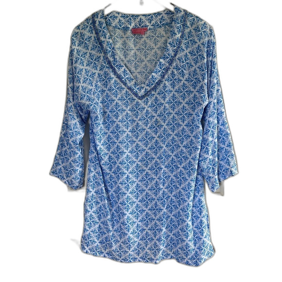Joyous & Free Tunic Dress Top Blue White Bead Womens Small 4 6 Swim Coverup - Picture 1 of 9
